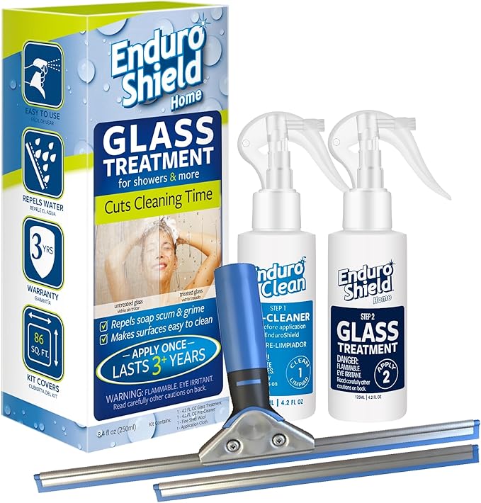 Glass Treatment Kit - Repels Soap Scum, Grime & Dirt without Harsh Chemicals + Approved Professional Grade Squeegee for showers and windows