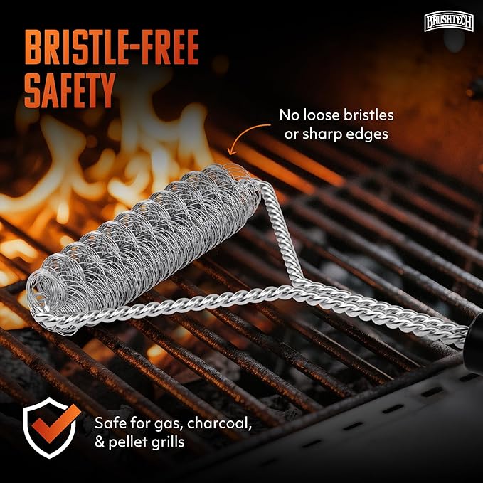 Brushtech Double Helix Grill Brush, 16″ Flat BBQ Grill Cleaner - Bristle‑Free Coil Springs Clean Tops & Sides - Stainless Steel, Long Reach Handle, Heavy‑Duty BBQ Tool for Gas & Charcoal Grates