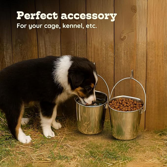 Flat Side Stainless Steel Bucket 4 Quart Hanging Feeding Pail for XL Dogs Cats Goats Sheep, Fits Kennel Cage Compatible, Heavy Duty Food and Water Feeder, 1 Gallon Silver Buckets 2 Pack