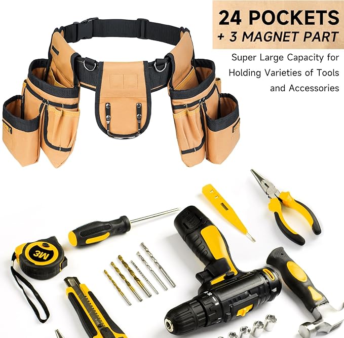 Tool Belt,Magnetic Tool Pouch,27-Pockets Heavy Duty Tool Belts for Men with 4 D-Rings,Detachable Tool Pouch Bag for Electrician,Carpenter,Construction,Utility Belt,Valentines Day Gifts for Men,Brown
