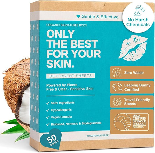 Laundry Detergent Sheets - Unscented, Hypoallergenic, Plant-Based Travel Laundry Sheets with Coconut & Soapberry Extract, Colors & Whites, 50 Sheets