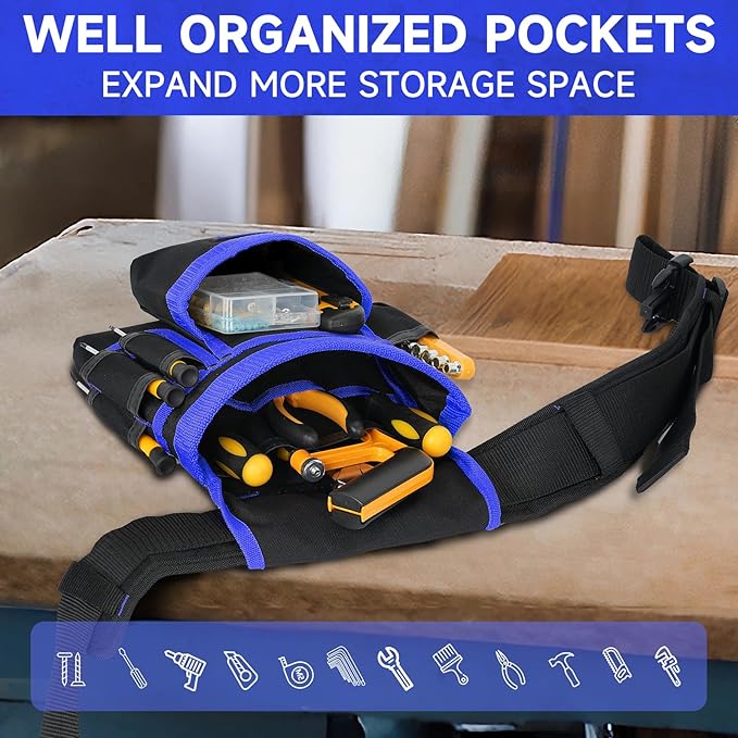 Tool Belt,Magnetic Tool Pouch,27-Pockets Heavy Duty Tool Belts for Men,Detachable Tool Pouch Bag for Electrician,Carpenter,Construction,Work Apron,Utility Belt,Valentines Day Gifts for Men,Black,Blue