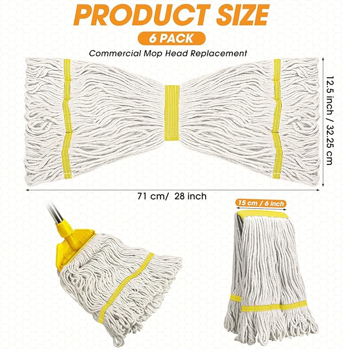 6 Pack Heavy Loop End Cotton String Mop Head Heavy Duty Mop Head Commercial Refills Mop Head Replacement for Home Industrial Commercial Floor Cleaning(White, Yellow)