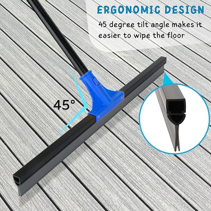 Floor Squeegee for Concrete and Tile Cleaning, 24'' Rubber Wiper Broom, Large Heavy Duty Water Scraper with 60'' Long Handle for Garage, Deck, Bathroom, Shower Glass, Window