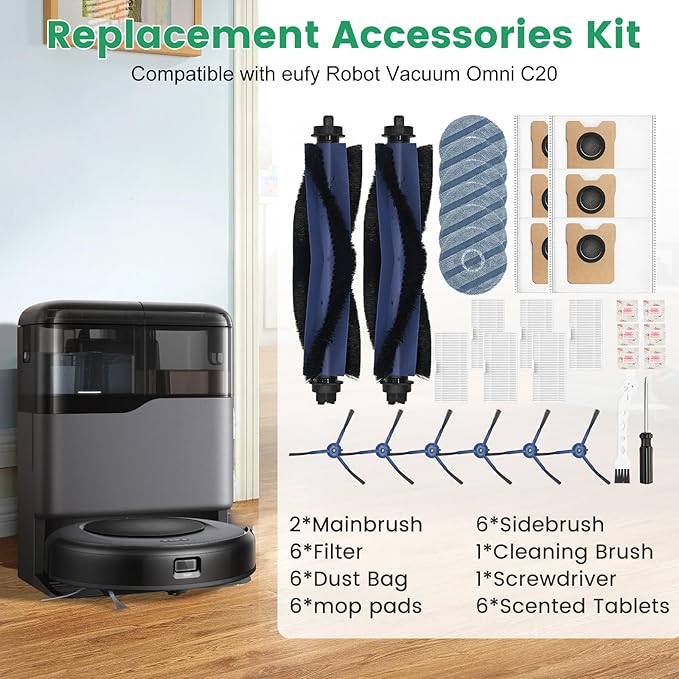 34 Pack for eufy Omni C20 Robot Vacuum Accessories Kit，2 Mainbrush 6 Filter 6 Dust Bag 6 mop pads 6 Sidebrush 1Cleaning Brush 1Screwdriver,6 Incense Chips