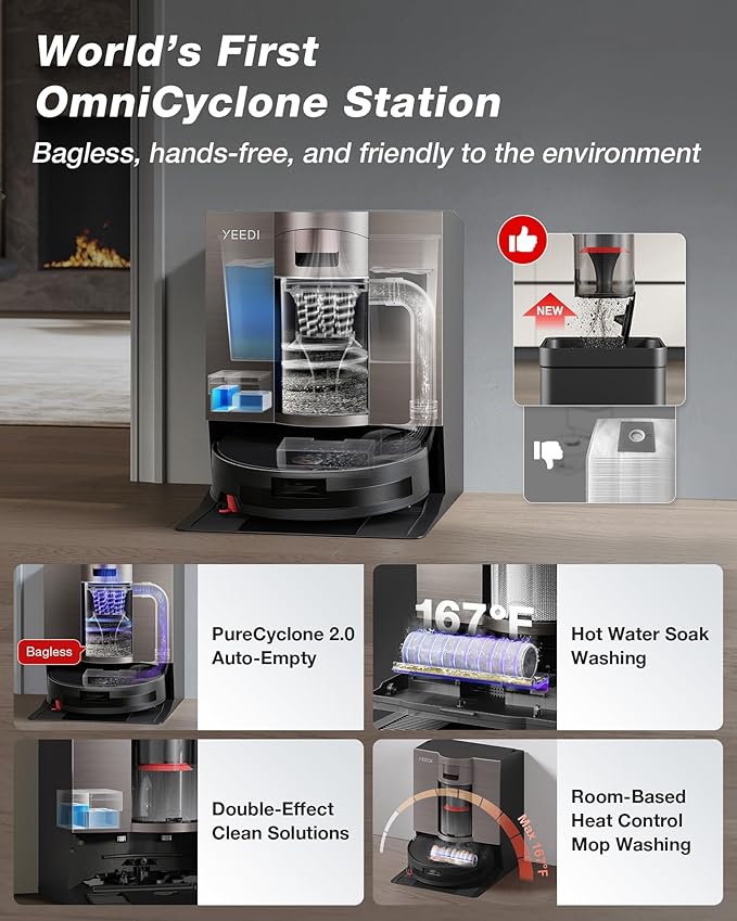 Yeedi S20 Infinity Robot Vacuum&Mop with 19,500Pa Blast Suction, PowerBoost Charging, OZMO Roller 2.0 Self-Washing, Bagless OmniCyclone Station with Hot Mop Washing&Heat Drying, AIVI 3D Navigation