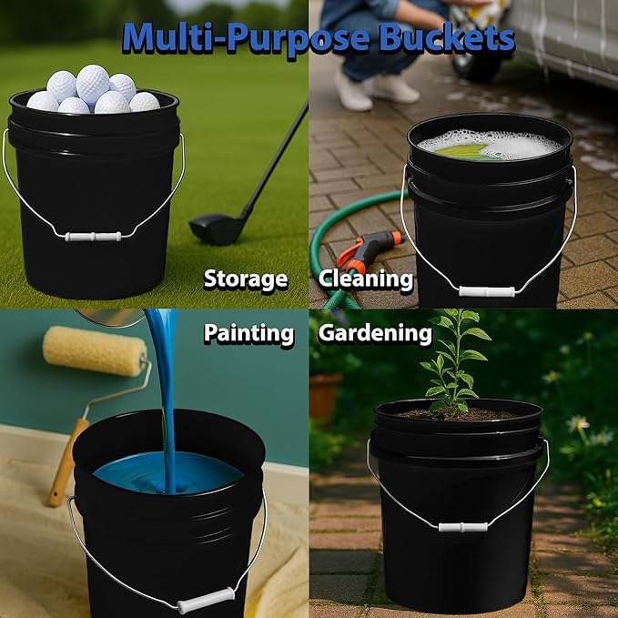 3.5-Gallon Bucket with Airtight Lid – Heavy-Duty Durable Pail – Made in USA – Premium Quality HDPE – Food Grade – BPA Free – Metal Handle with Plastic Grip – Stackable – Multi-Use – Black, 3 Pack