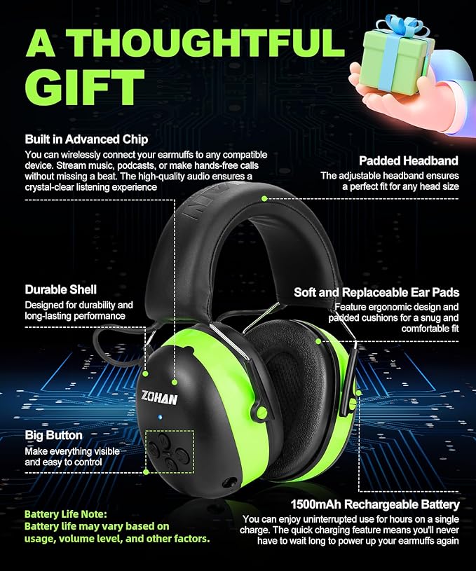 ZOHAN EM037 Bluetooth Hearing Protection,30dB SNR Noise Reduction Ear Protection with 1500mAh Rechargeable Battery,Headphones with 40H playtime for Mowing, Snowblowing, Construction,Workshops