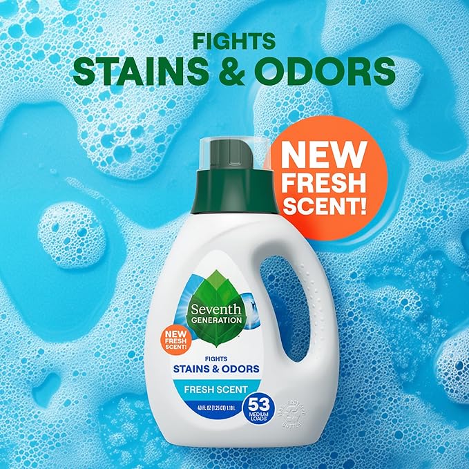 Seventh Generation Laundry Detergent, 40 oz (53 loads), Fresh Scent, Fights Stains & Odor, Concentrated Formula, Scent Made From 100% Essential Oils & Botanical Ingredients