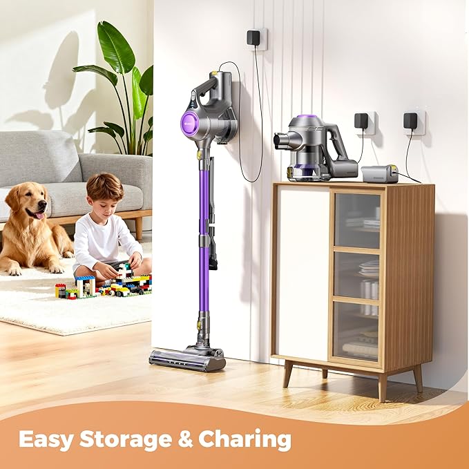 Cordless Vacuum Cleaner, 40Kpa Powerful Suction Stick Vacuum Cleaners for Home, 45 Mins Runtime, 1.6L Dust Box, Anti-Tangle, 8-in-1 Rechargeable Vacuum for Hardwood Floor,Carpet,Pet Hair (Purple)