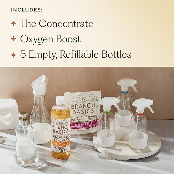 Branch Basics Premium Starter Kit in Glass: All Purpose Cleaner, Glass Cleaner, Bathroom Cleaner, Wash Bottle, and Laundry Bottle (3 Glass Spray Bottles + Concentrate) Fragrance-Free
