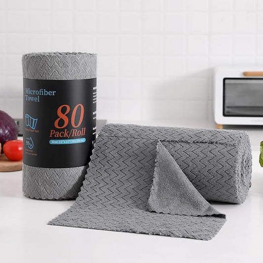 80 Pack Microfiber Cleaning Cloth Roll Reusable Paper Towels 12"x12" Tear Away Cloth,Absorbent Dish Rags for House Kitchen,Wash Cloths,Lint Free Rags for Window Cars Cleaning Supplies