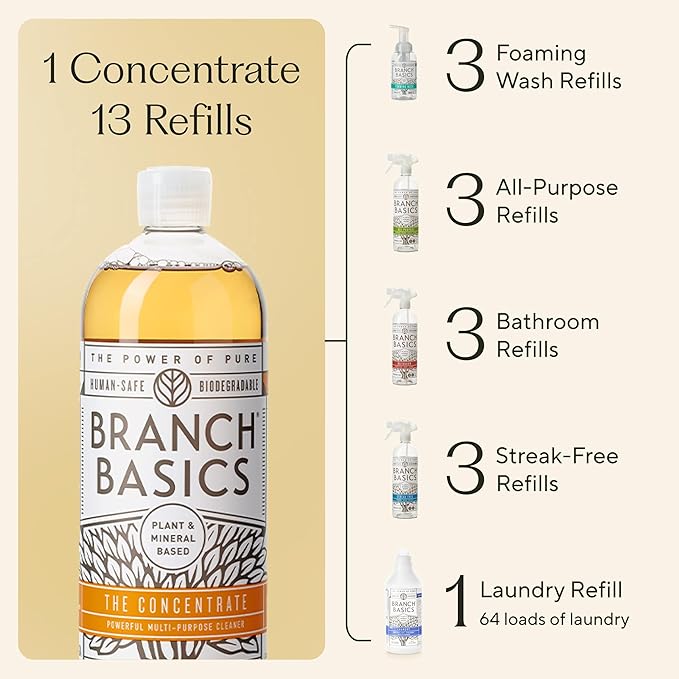 Branch Basics Premium Starter Kit: All Purpose Cleaner, Glass, and Bathroom Cleaner plus our Foaming Wash, and Laundry Bottle (3 Plastic Spray Bottles + Concentrate) Fragrance-Free