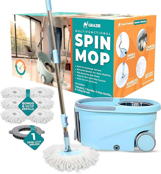 Grazie Spin Mop & Bucket Set - 360° Self-Wringing System with Wheels, Stainless Steel Handle - Hands-Free Floor Cleaning for Hardwood, Tile, Laminate - Includes 6 Washable Microfiber Mop Head Refills