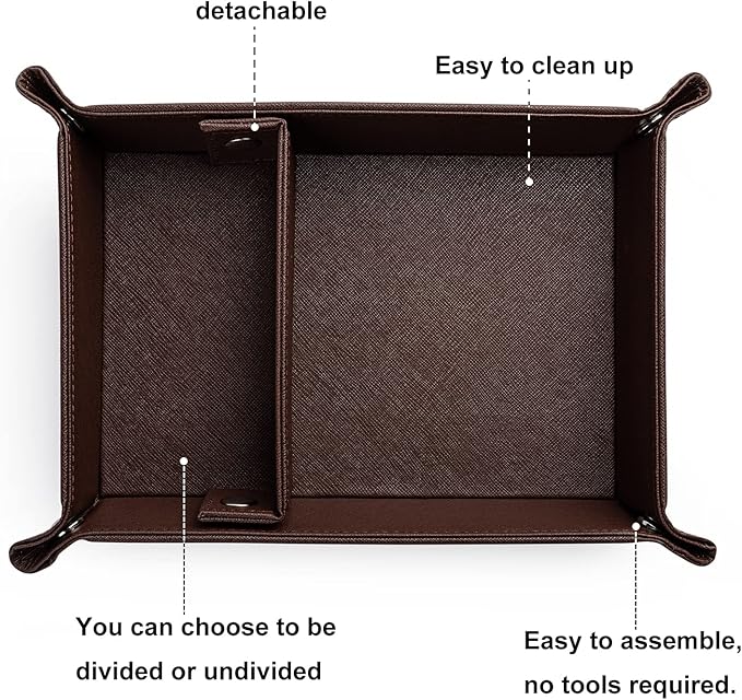 BONNY DODO Valet Tray for Men PU Leather Tray Organizer with Partition, Storage Keys, Watch & Practical Storage for Table Nightstand Living Room Bedroom (Dark Brown)