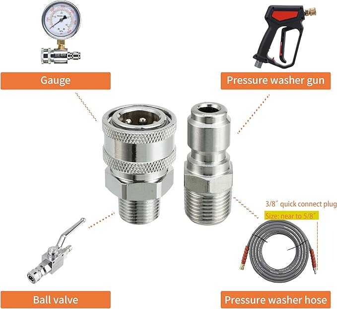 RIDGE WASHER Pressure Washer Adapter Set, 3/8 Inch Quick Connect to Male Thread Fitting, 5000PSI