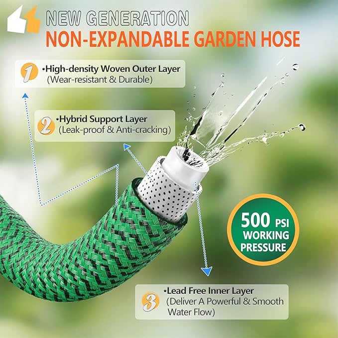 Non-Expandable Garden Hose 25ft, Flexible Water Hose with High-Density Fabric & Leak-Proof Metal Interface, Kink Resistant Wearproof Water Pipe for Gardening, Car Wash, Lawn, Yard