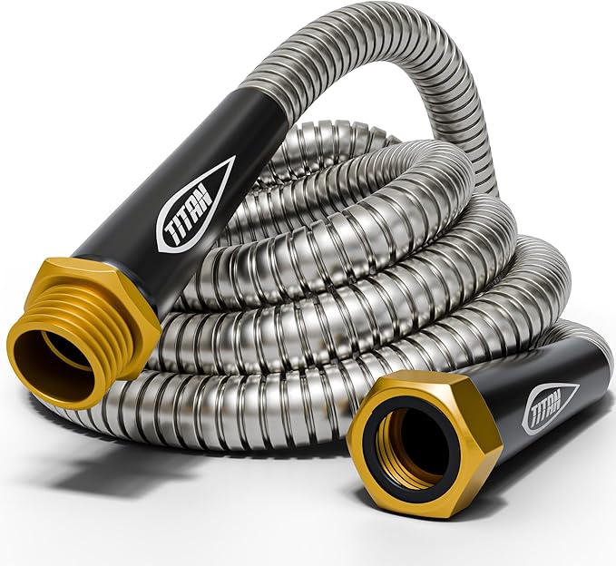 TITAN Garden Hose 65FT - 304 Stainless Steel Metal Water Hose, Flexible, Kink-Free, Lightweight, Durable, Crush Resistant Fittings, Easy to Coil, 500 PSI