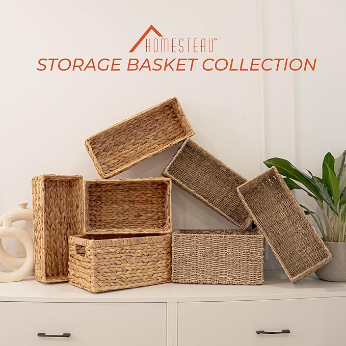 2-Pack Handwoven Water Hyacinth Storage Baskets, Wicker Bins for Pantry Organization, Shelf or Closet Organizer, Decorative Boho Rectangular Basket 15.7" x 6.7"