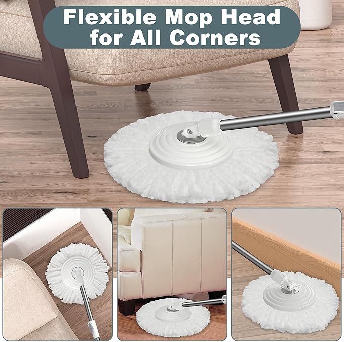 Mop and Bucket with Wringer Set,Spin Mop and Bucket System, Mops for Floor Cleaning,Household Supplies Tools with 6 Replacement Refills,61" Extended Handle for Household Hardwood Floor - White