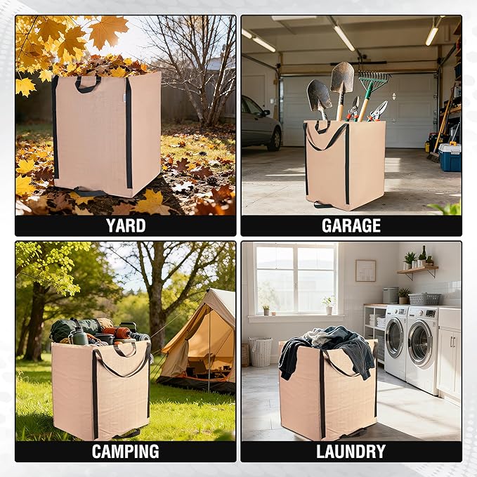 WORKPRO Heavy Duty 72-Gallon Reusable Yard Waste Bags, Self-standing Leaf and Lawn Bags with Reinforced Handles, Garden Waste Bags for Debris, Leaves, Grass, and Outdoor Recycling, Light Tan