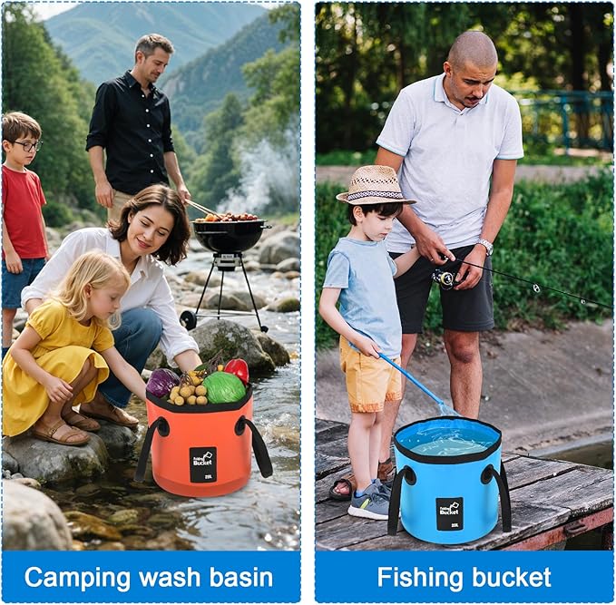 3 PCS 5 Gallon Collapsible Water Bucket, 20L Foldable PVC Bucket with Handles, Multiple Use Portable Fold up Lightweight Container Buckets PVC Folding 5 Gallon for Camping Fishing Outdoor