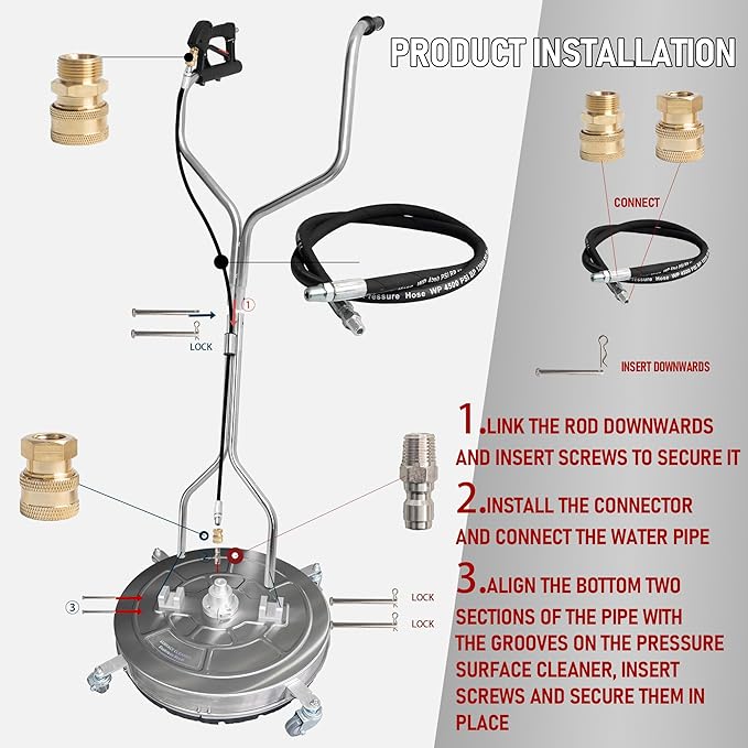 Hourleey 30" Pressure Washer Surface Cleaner with Dual Handles, Stainless Steel Surface Cleaner with 4 Wheels for Driveways, Pathway, Sidewalks, Patios, Decks, 4500 PSI with 3/8" Quick Connector Kit