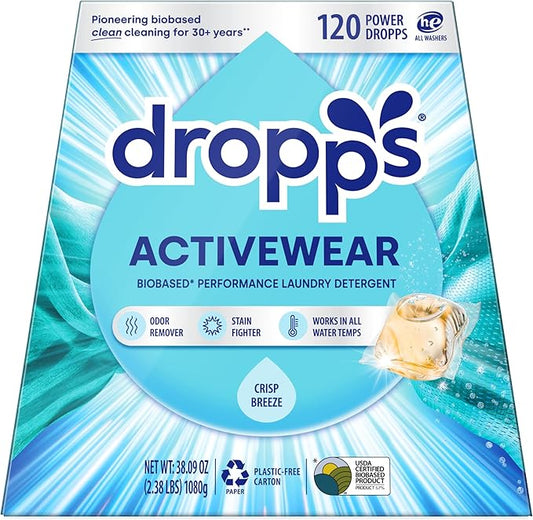 Dropps Activewear Biobased Power Laundry Detergent Pods, Crisp Breeze (120 Count) - Laundry Pods Fights Tough Stains & Odors, Sweat & Dirt - HE Compatible Laundry Supplies for Clean Clothes