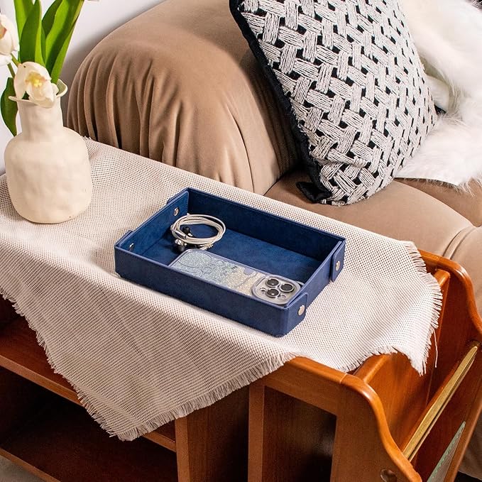 BONNY DODO Valet Tray for Men PU Leather Tray Organizer with Partition, Storage Keys, Watch & Practical Storage for Table Nightstand Living Room Bedroom (Blue)