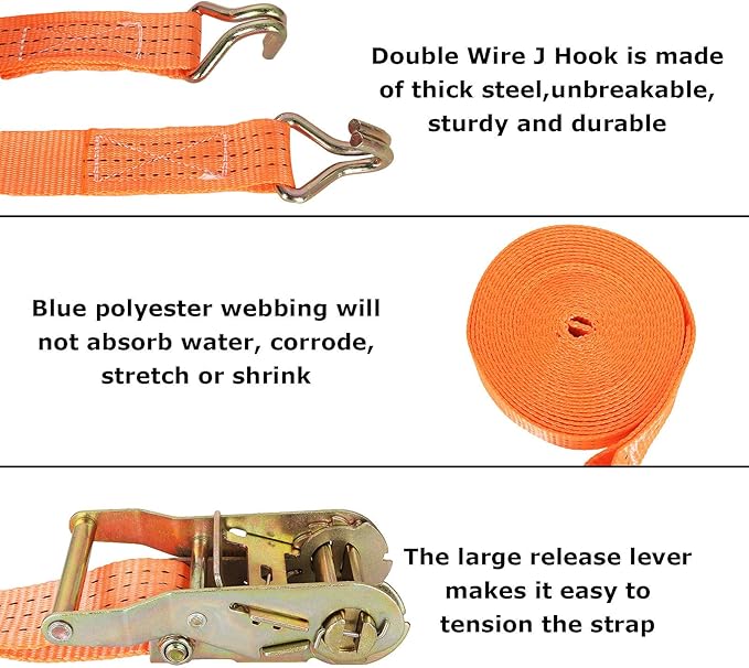 HNBun 2 Pack Ratchet Tie Down Straps, 2" x 33ft, 10,000 lbs Break Strength, Heavy Duty Cargo Lashing Straps with Double J Hooks for Trailer, Truck, and Equipment Hauling, Yellow