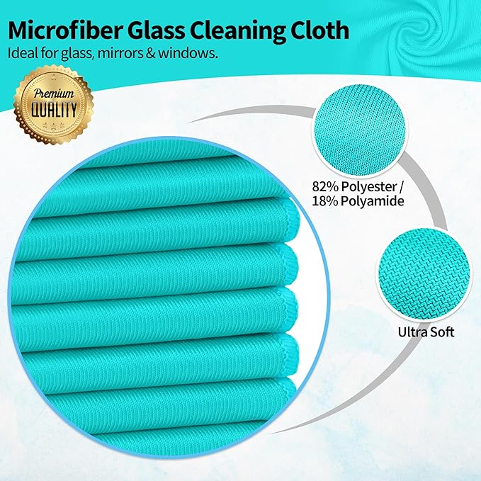 HOMERHYME Microfiber Cleaning Cloth - 10 Pack Glasses Cleaning Cloth, 16" x 14" Window Cleaning Rags, Streak Free Lint Free Polishing Cloths Wipes for Eye Glass, Stainless Steel, Windshield, Turquoise