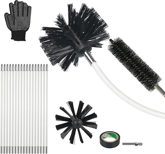 21FT Chimney Brush Kit, Multi-Purpose Dryer Vent Cleaning Brush Kit with 4" Brush Head, Professional Lint Cleaning Accessories for Chimneys, Ducts, Dryers, Crevices