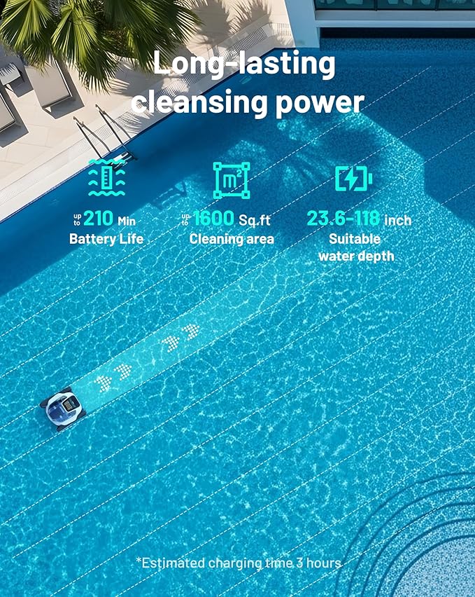 Spino E1 Cordless Robotic Pool Cleaner, 5800 GPH Suction with Triple Brushless Motors, Smart Arc Path, 5 Modes, IPX8 Waterproof, 1600 sq.ft Coverage, Auto Waterline Parking, APP Control