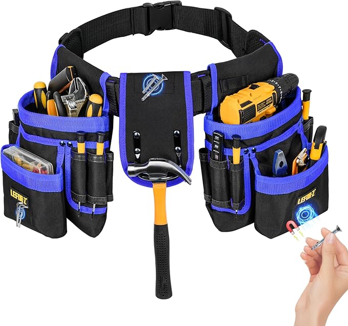 Tool Belt,Magnetic Tool Pouch,27-Pockets Heavy Duty Tool Belts for Men,Detachable Tool Pouch Bag for Electrician,Carpenter,Construction,Work Apron,Utility Belt,Valentines Day Gifts for Men,Black,Blue