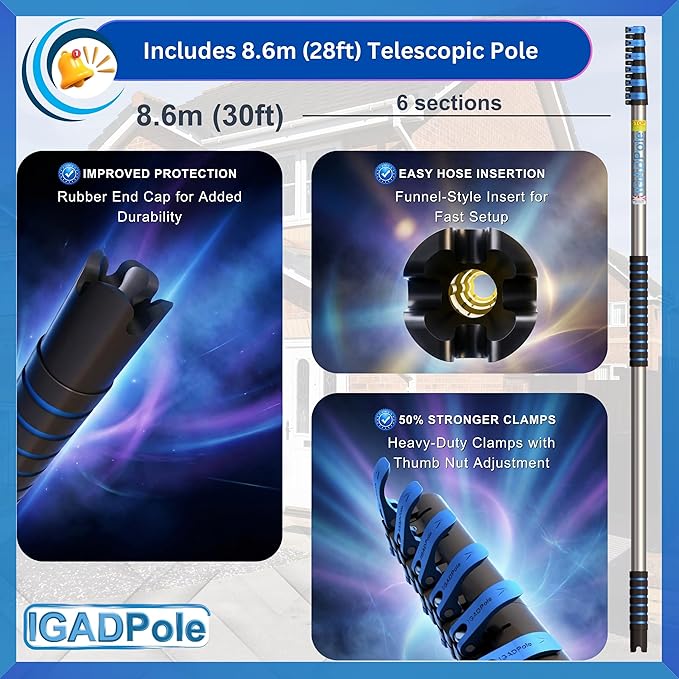 IGADPole 28 FT Water-Fed Washing Kit with Soap-Dispenser, Brush, 10″ Squeegee & Cobweb Duster for Windows, Gutters, Solar Panels & Exterior Walls