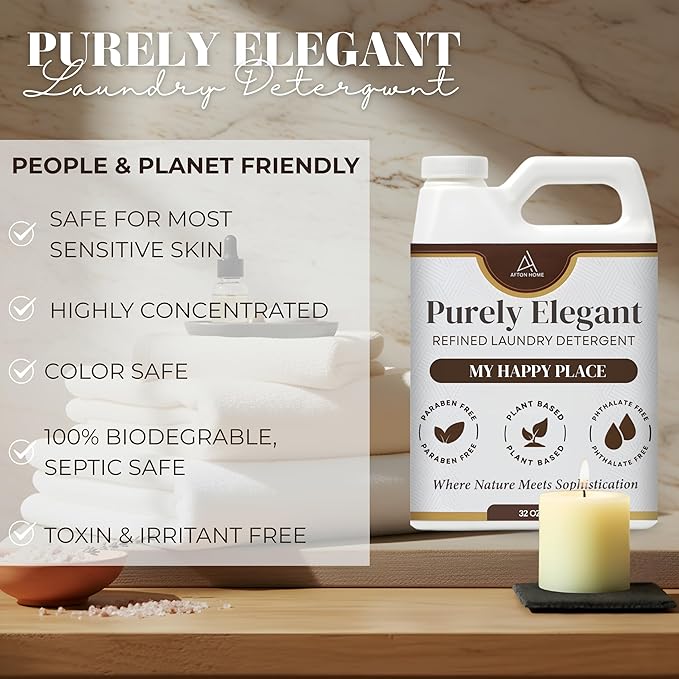 Elegant Luxury Plant-Based Laundry Detergent My Happy Place Scent, 32oz by Purely Elegant, Highly Concentrated, Sensitive Skin Safe, Biodegradable, Paraben Free, HE, Medium Everyday Bottle