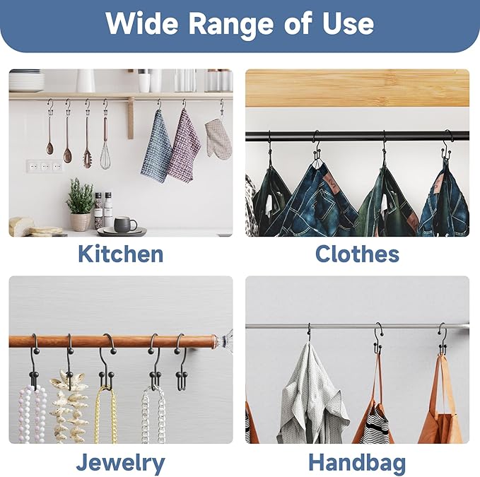 Titanker Shower Curtain Hooks Black, Minimalist Simple Double Glide Shower Curtain Rings, Rust Proof Metal Shower Hooks Rings for Bathroom Shower Rods Curtains, Set of 12 Hooks