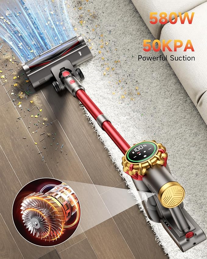 Cordless Vacuum Cleaner 580W 50Kpa Vacuum Cleaners for Home, 65 Mins Battery Stick Vacuum Anti-Tangle, Self-Standing, 8-in-1 Lightweight Vacuum for Hardwood Floor/Carpet/Pet Hair