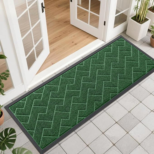 OLANLY Front Door Mat Indoor Outdoor Entrance, Waterproof All-Season, All-Weather Doormat, Sturdy Natural Rubber, Low Profile, Easy Clean Patio Porch Entryway Mat, Herringbone Brick (Green, 47x17)