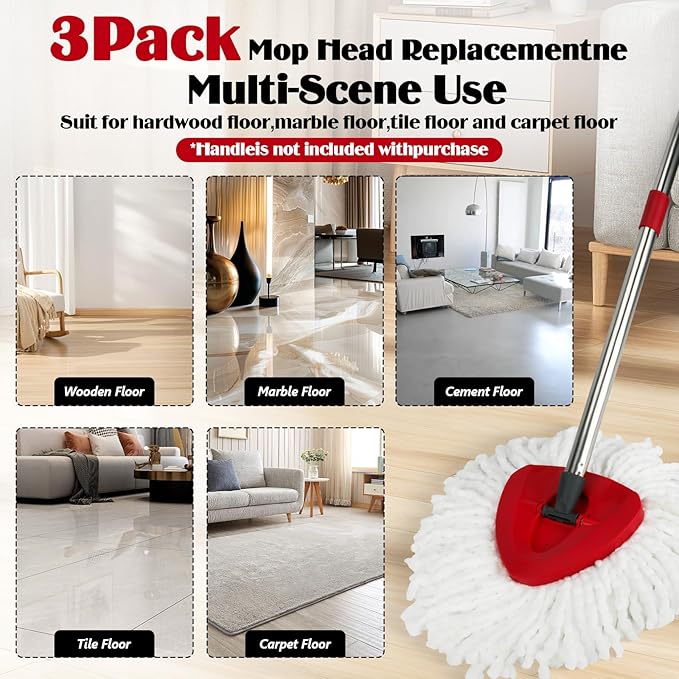 3 Pack Spin Mop Replacement Head for O-Ceda EasyWring 1-Tank System, 3 Microfiber Spin Mops Refills,1 Scrubber Head,1 Triangle Spin Base,Deep Clean,Machine Washable and Easy to Replace