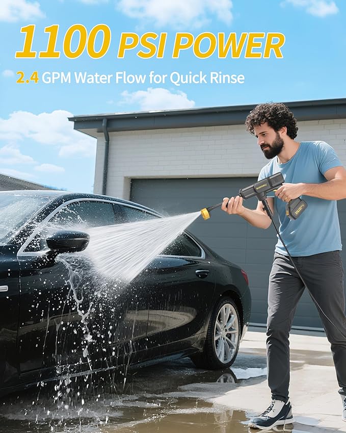 Cordless Pressure Washer Battery Powered; 1100PSI 2.4 GPM Portable Cordless Power Washer with 6-in-1 Nozzle, Foam Cannon, 21V Battery&Charger; Handheld Battery Pressure Washer for Home, Car (AX-2)
