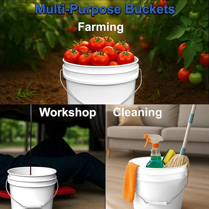 2-Gallon Bucket with Airtight Lid – Heavy-Duty Extra Durable Pail – Made in USA – Premium Quality HDPE – Food Grade – BPA Free – Metal Handle with Plastic Grip – Stackable – Multi-Use – White, 5 Pack