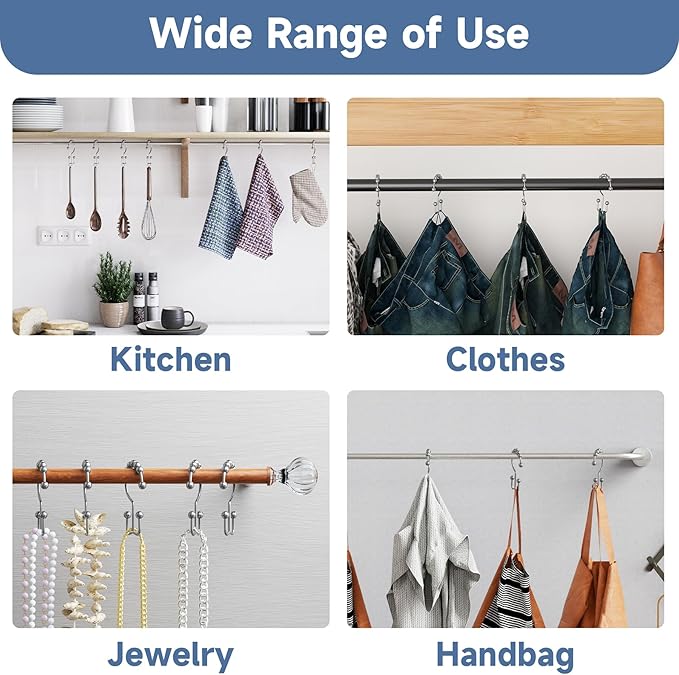 Titanker Shower Curtain Hooks Rings, Rust-Resistant Metal Double Glide Shower Hooks for Bathroom Shower Rods Curtains, Set of 12 Hooks - Chrome