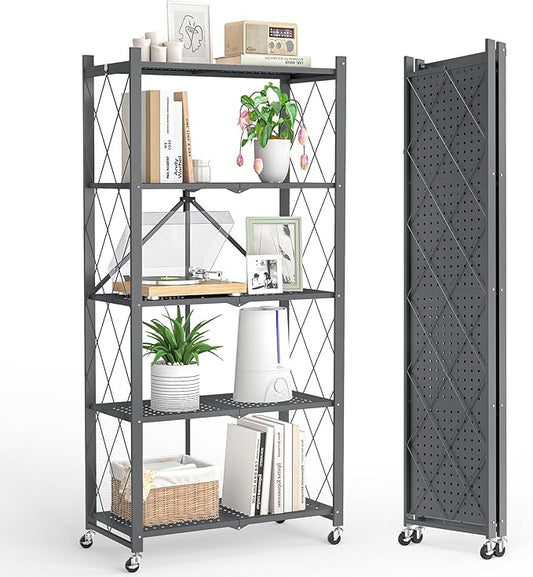 5-Tier Folding Metal Storage Shelf with Wheels, Heavy Duty Organizer Rack Holds 750 lbs, No Assembly Utility Shelving for Kitchen, Garage, Pantry, Living Room, Office (New Upgrade - Gray, 5 Tier)