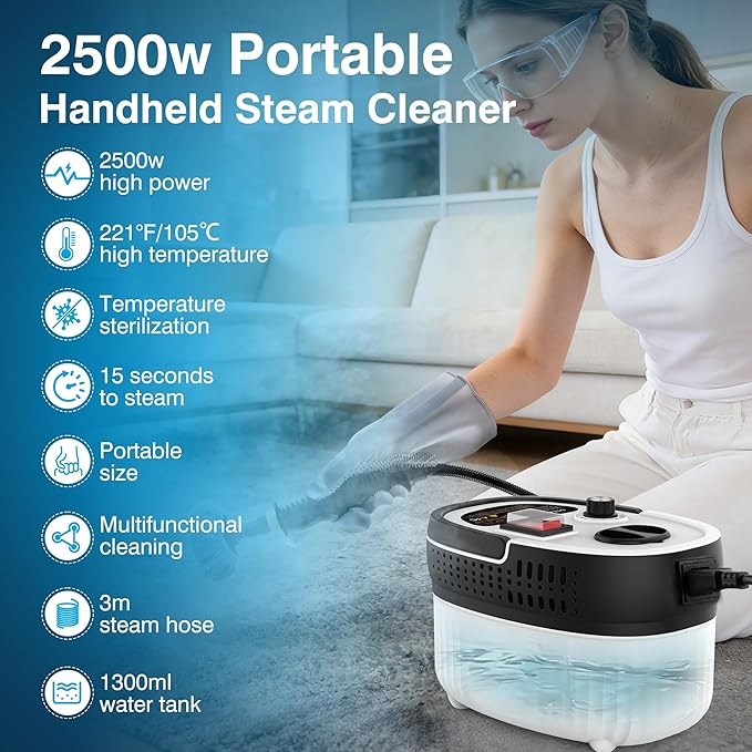 Steam Cleaner Handheld with 3m Long Steam Hose, 2500W & Infinite Adjustment High Pressure Portable Steam Cleaner, ANSI Z87.1 Safety Goggles for Car Cleaning, Home, Tile, Grout, Floor