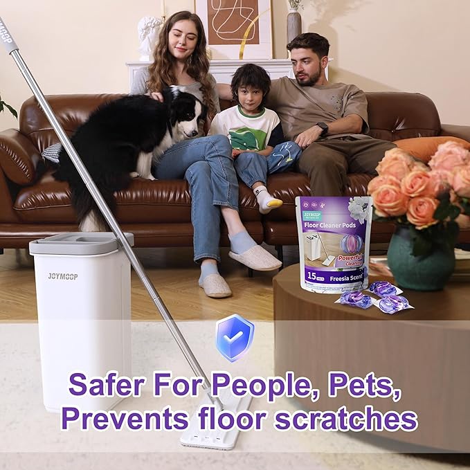 JOYMOOP Mop and Bucket Set with Floor Cleaner Pods,Flat Mop and Bucket System with 3 Reusable Microfiber Mop Pads,Freesia Scent Mop Soap Pack of 15 for Floor Cleaning