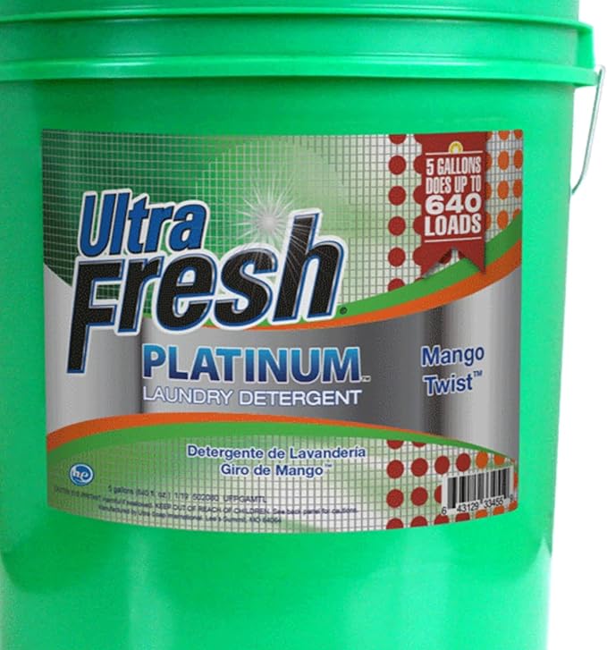 Ultra Fresh 5 Gallon Liquid Laundry Detergent Washing Soap for All Machine Types, 3X Platinum, Up to 640 Loads, Mango Twist