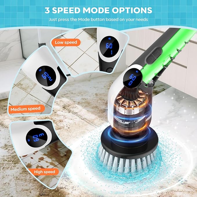 YKYI Electric Spin Scrubber-Cordless Power Scrubber with 8 Brush Heads, 3 Speeds & Adjustable Long Handle, IPX7 Waterproof Shower Cleaning Brush for Bathroom Tile, Bathtub, Grout, Kitchen(White)