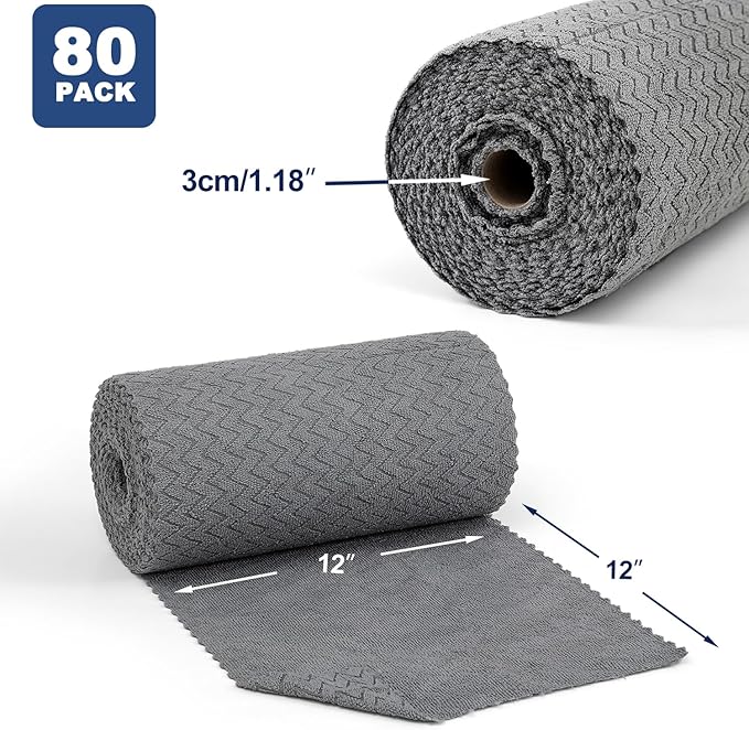 80 Pack Microfiber Cleaning Cloth Roll Reusable Paper Towels 12"x12" Tear Away Cloth,Absorbent Dish Rags for House Kitchen,Wash Cloths,Lint Free Rags for Window Cars Cleaning Supplies