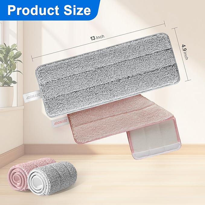 JOYMOOP Mop Replacement Pads, Reusable Microfiber Mop Pads for 13-inch Flat Mop and Mop Bucket Set, Pack of 4 Refills - Grey and Pink